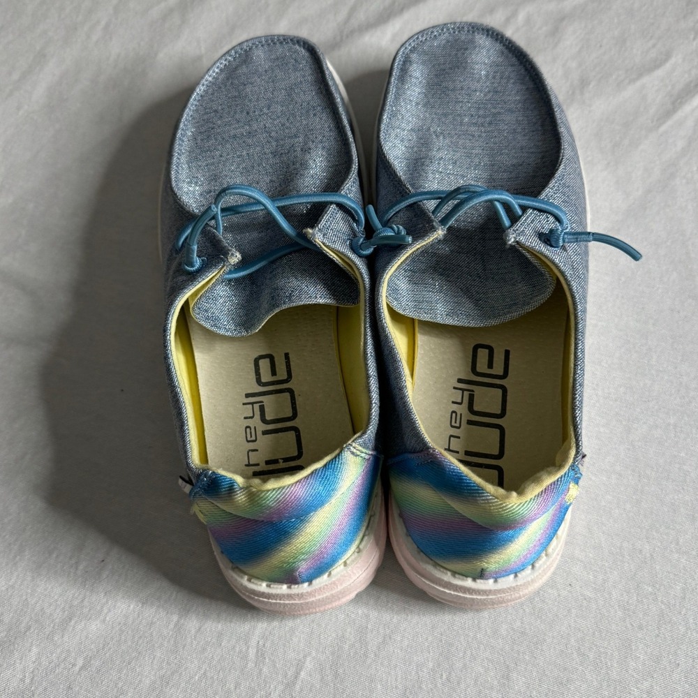 Hey Dude Wendy Sparkle Denim Rainbow Heel Slip On Moc Toe Shoes Youth 6 Womens 7 - Picture 5 of 10